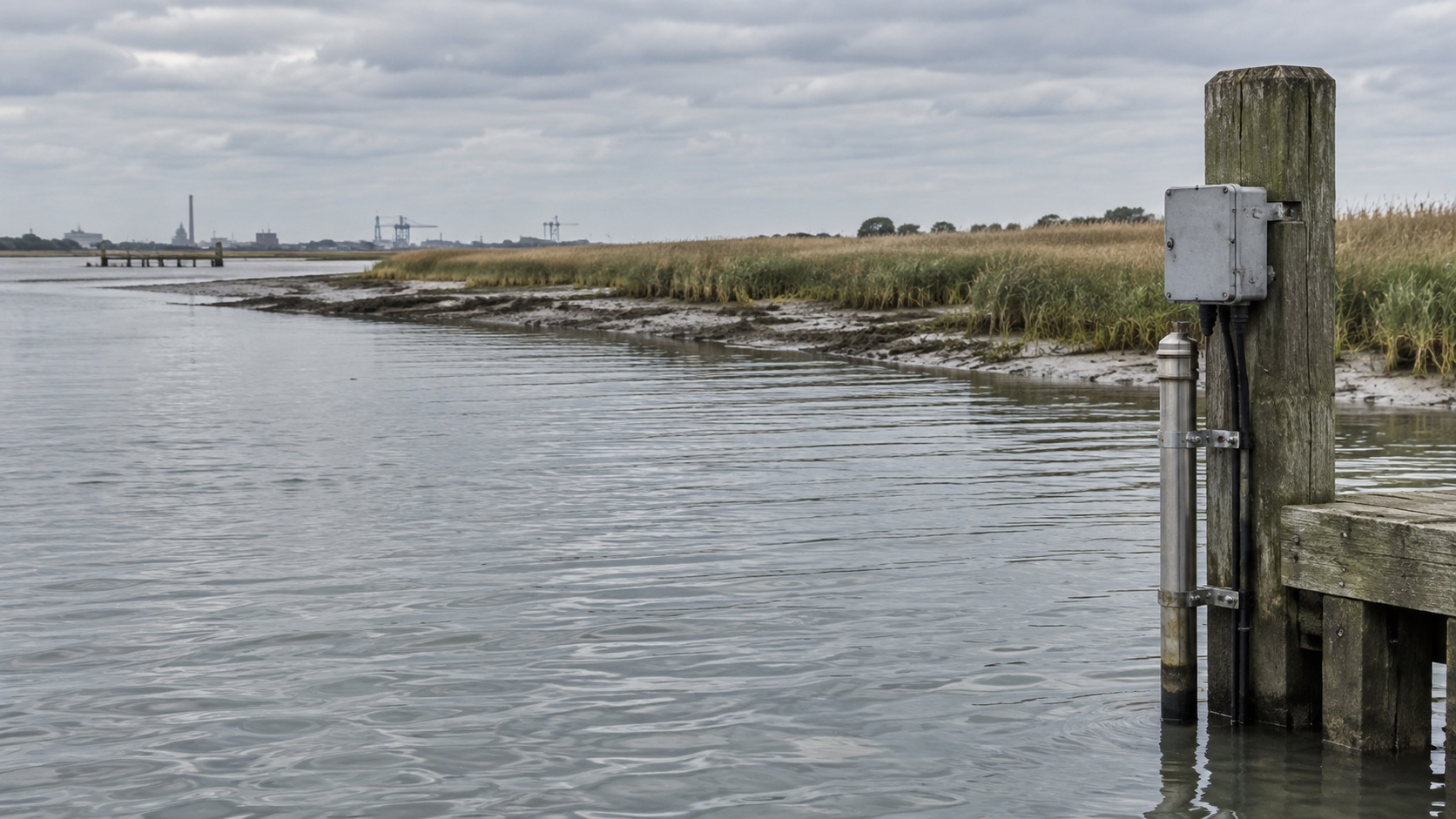 Water monitoring equipment beside a tidal estuary