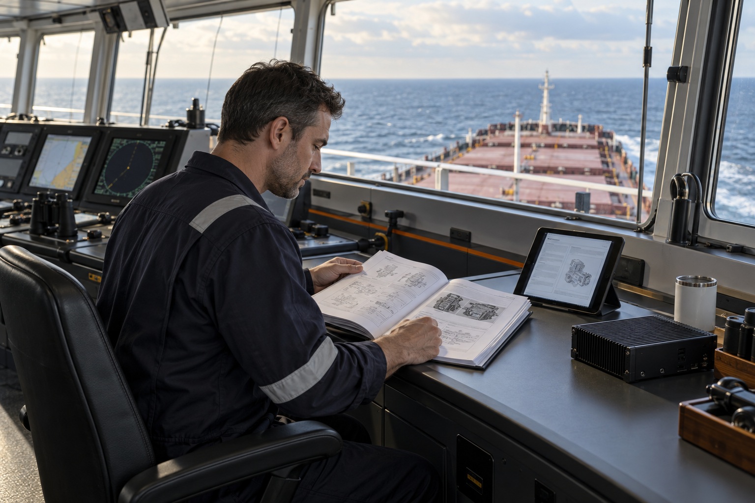A crew member consulting documents on a vessel bridge