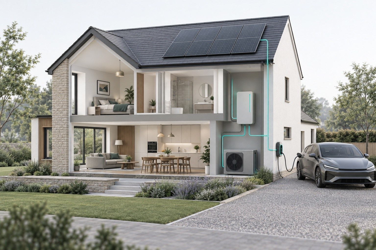 Cutaway showing solar, battery, heating and car charging in a home