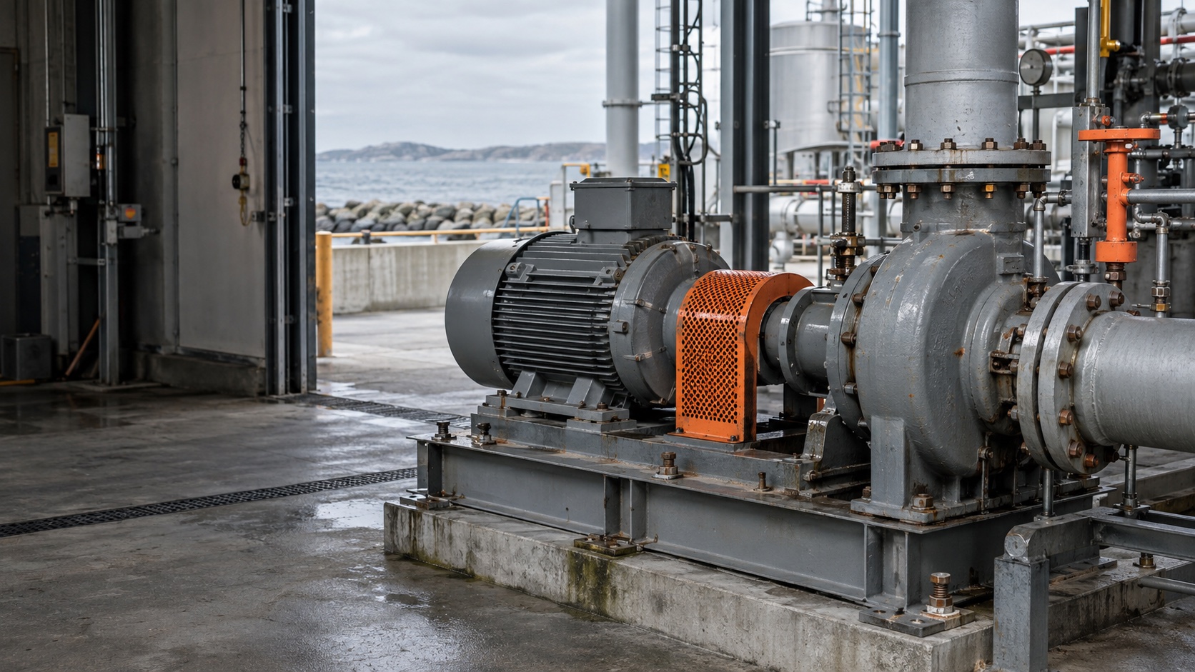 Coastal installation with an industrial pump, motor and pipework
