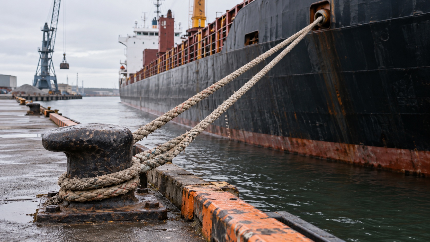 Cargo vessel and mooring lines at a working commercial quay