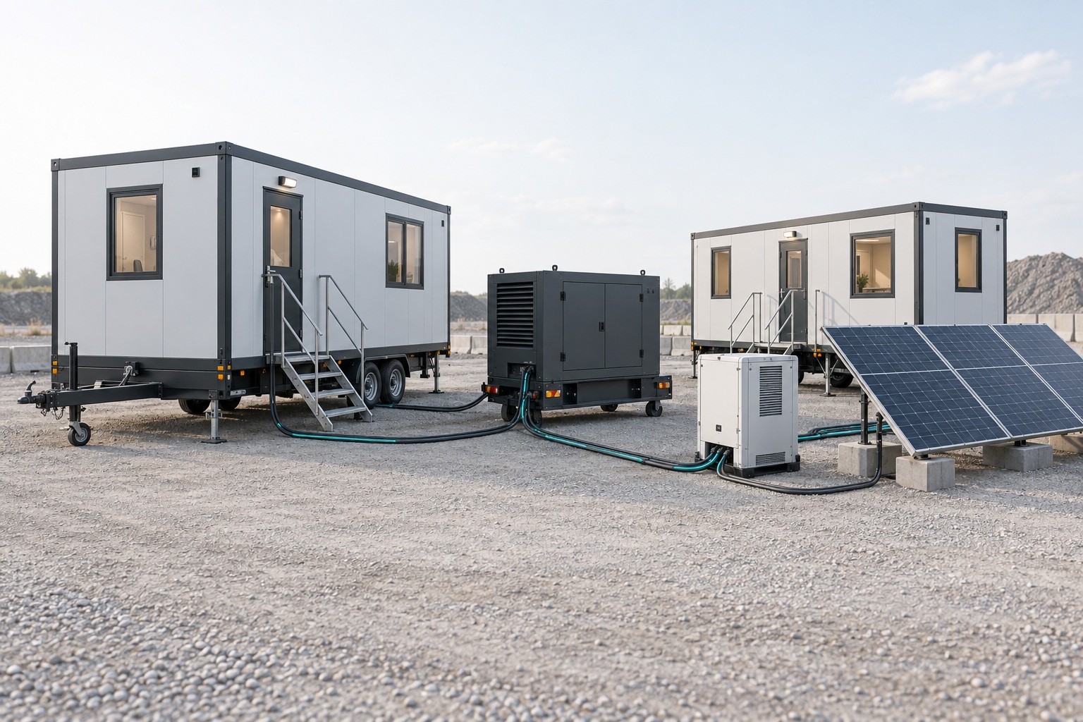 Mobile facilities with generator, solar and battery equipment