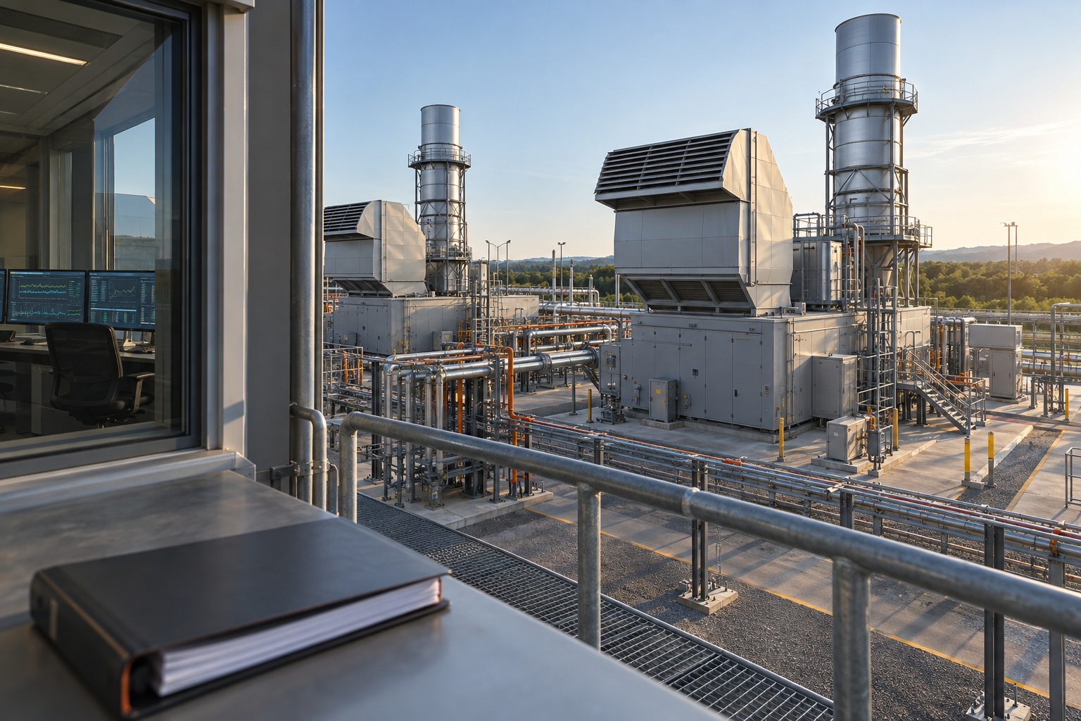 Generating equipment viewed from an operating building