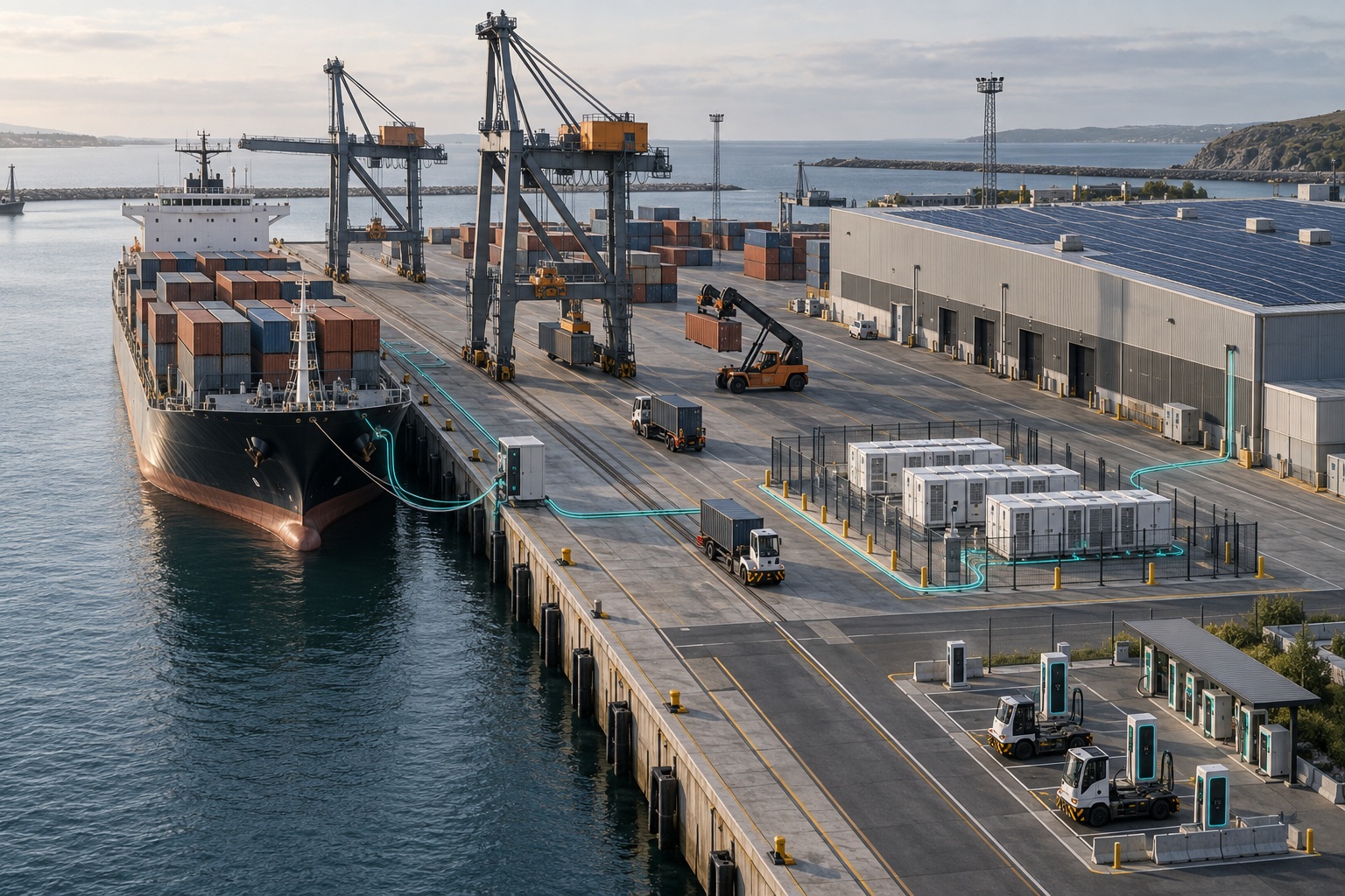 A port with shore power, storage and electric cargo equipment