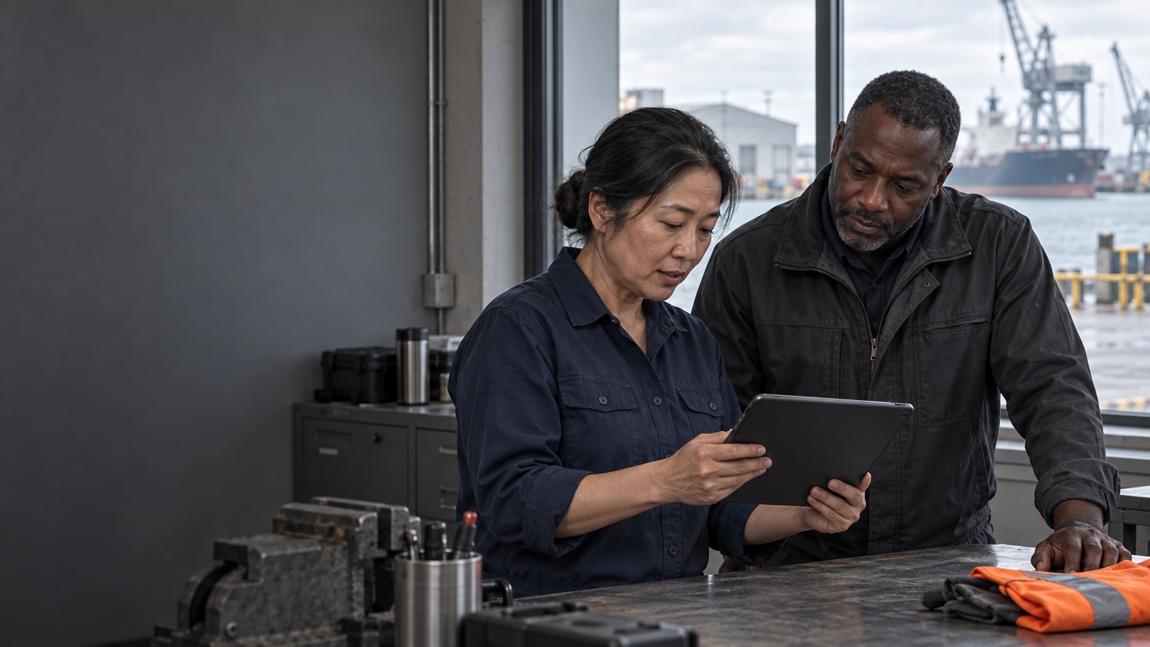 Two colleagues reviewing information together in an operational workspace