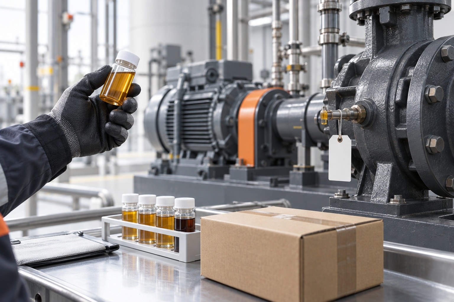 An oil sample beside industrial rotating equipment